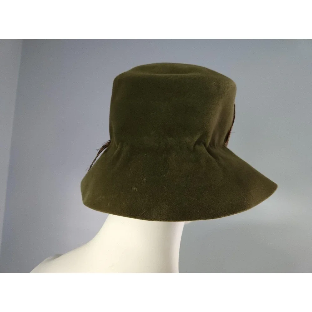 60s Vintage Pheasant feather Bucket Hat‎ ribbon Made In France Wool Felt